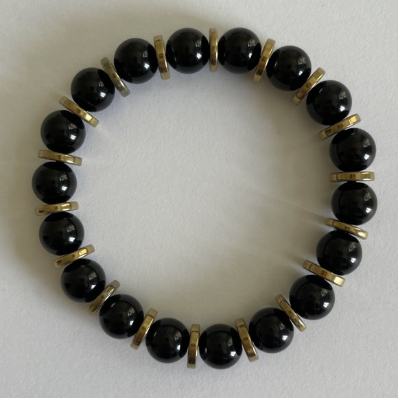 10mm Black Obsidian with Gold Hematite Spacer Crystal Round Stretch Bracelet - Picture 2 of 6